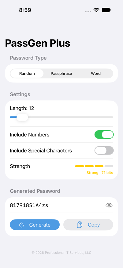 PassGen Plus generating a random password on iPhone