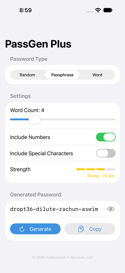 PassGen Plus passphrase generator with word count slider