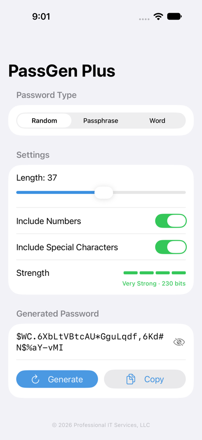 PassGen Plus strength meter showing a Very Strong 230-bit password