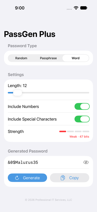 PassGen Plus word-based password generator mixing real words with digits and symbols